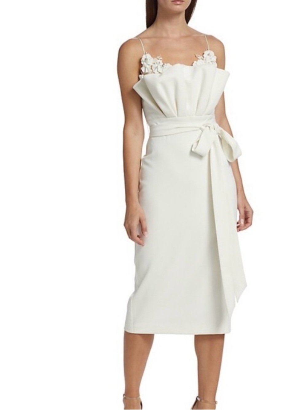 Badgley Mischka Ivory Midi Dress with Floral Appliqué and Waist Tie